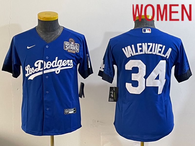 Women Los Angeles Dodgers #34 Valenzuela 2024 World series patch blue jersey 2024112001
